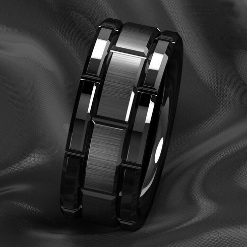 Men's 8mm Tungsten Black Grooved Bushed Brick Pattern Comfort-Fit Wedding Band